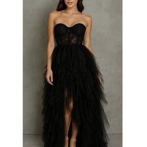 EVERLYL Women's Black Strapless Tiered Ruffle Tulle Gown Dress Size 8/10